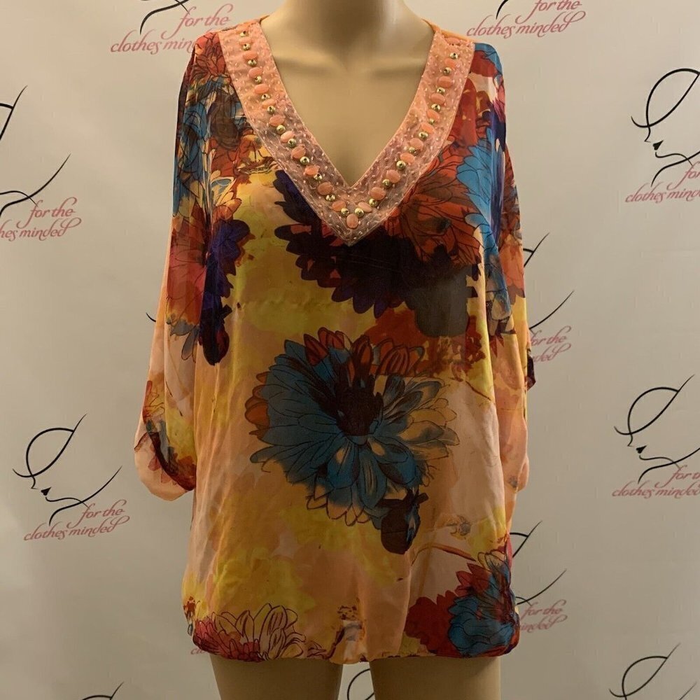 ND. Size Medium. Embellished Beaded Blouson Chiffon Top. Sleeves B64